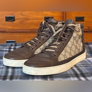 Gucci GG Supreme Monogram High-Tops Brown Beige Men Sneakers Size 10 G 11 US